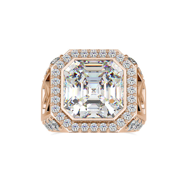 14.03Ct Emerald Cut Bezel Halo Lab-Grown Diamond Gold Ring