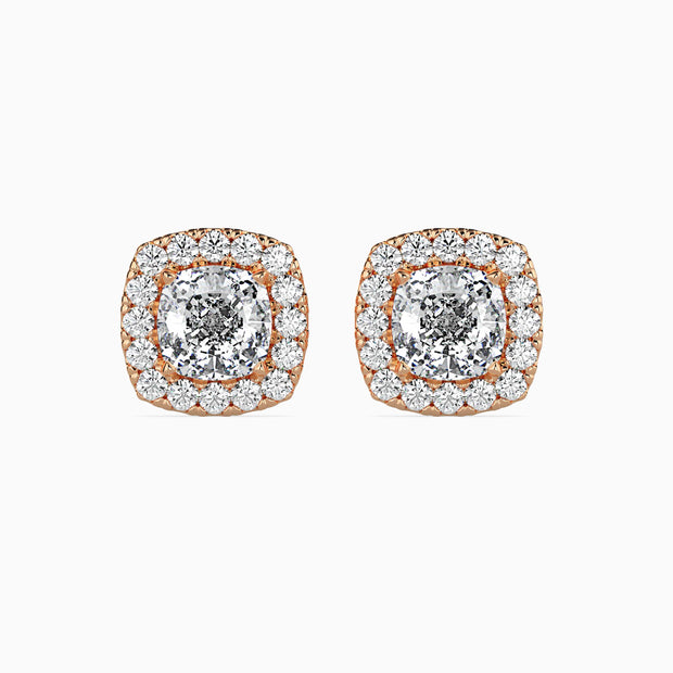 Cushion Prong With Halo Lab-Grown Diamond Gold Stud Earrings