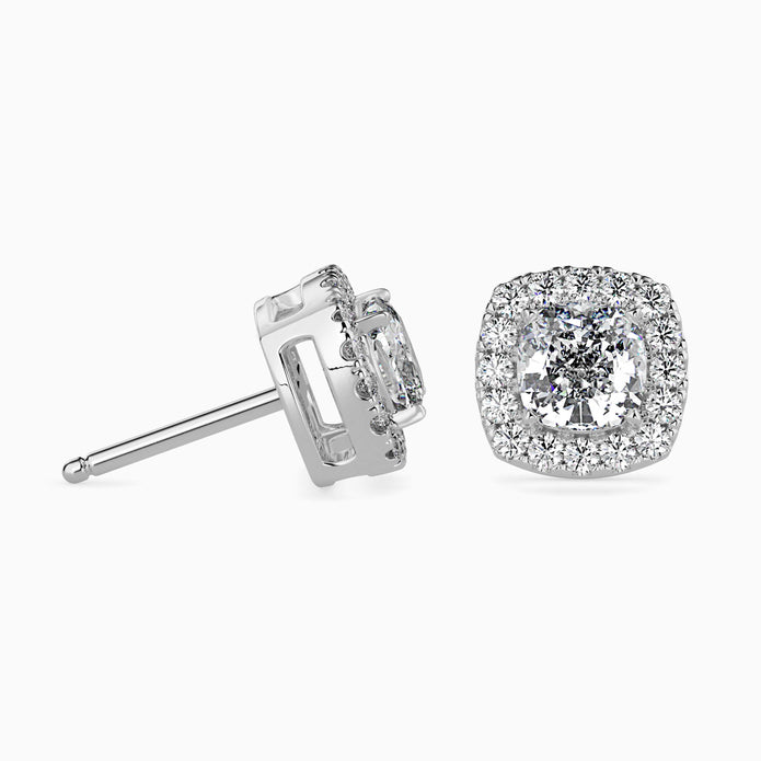 Cushion Prong With Halo Lab-Grown Diamond Gold Stud Earrings