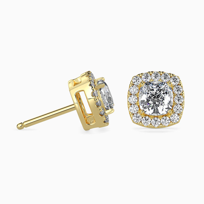 Cushion Prong With Halo Lab-Grown Diamond Gold Stud Earrings
