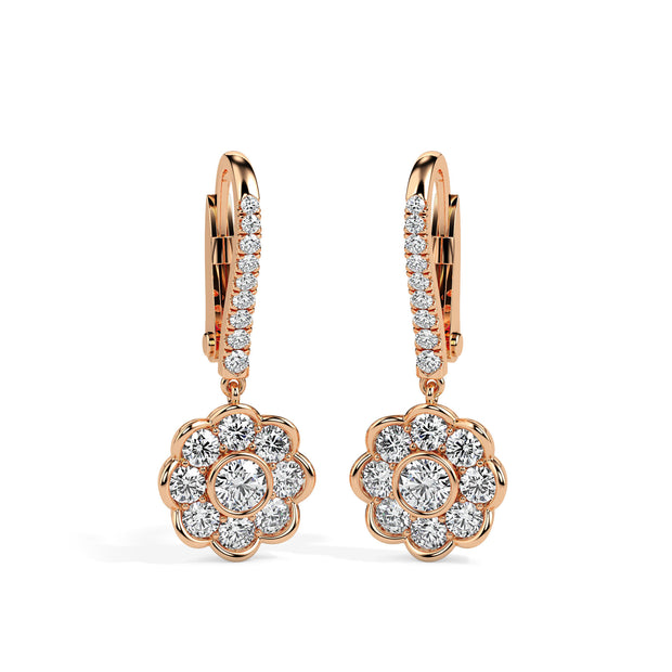 0.97Ct Floral Bezel Set Lab-Grown Diamond Gold Hoop Drop Earrings
