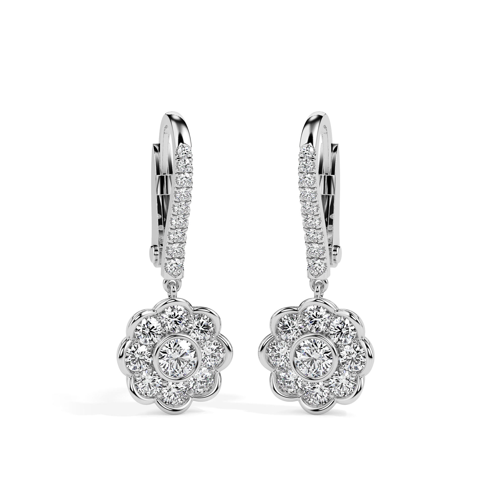 0.97Ct Floral Bezel Set Lab-Grown Diamond Gold Hoop Drop Earrings