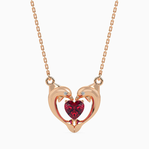 1.08Ct Dolphin Embrace Red Heart Lab-Grown Diamond Gold Pendant Necklace