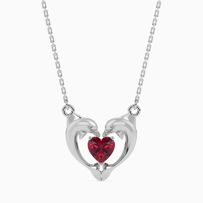 1.08Ct Dolphin Embrace Red Heart Lab-Grown Diamond Gold Pendant Necklace