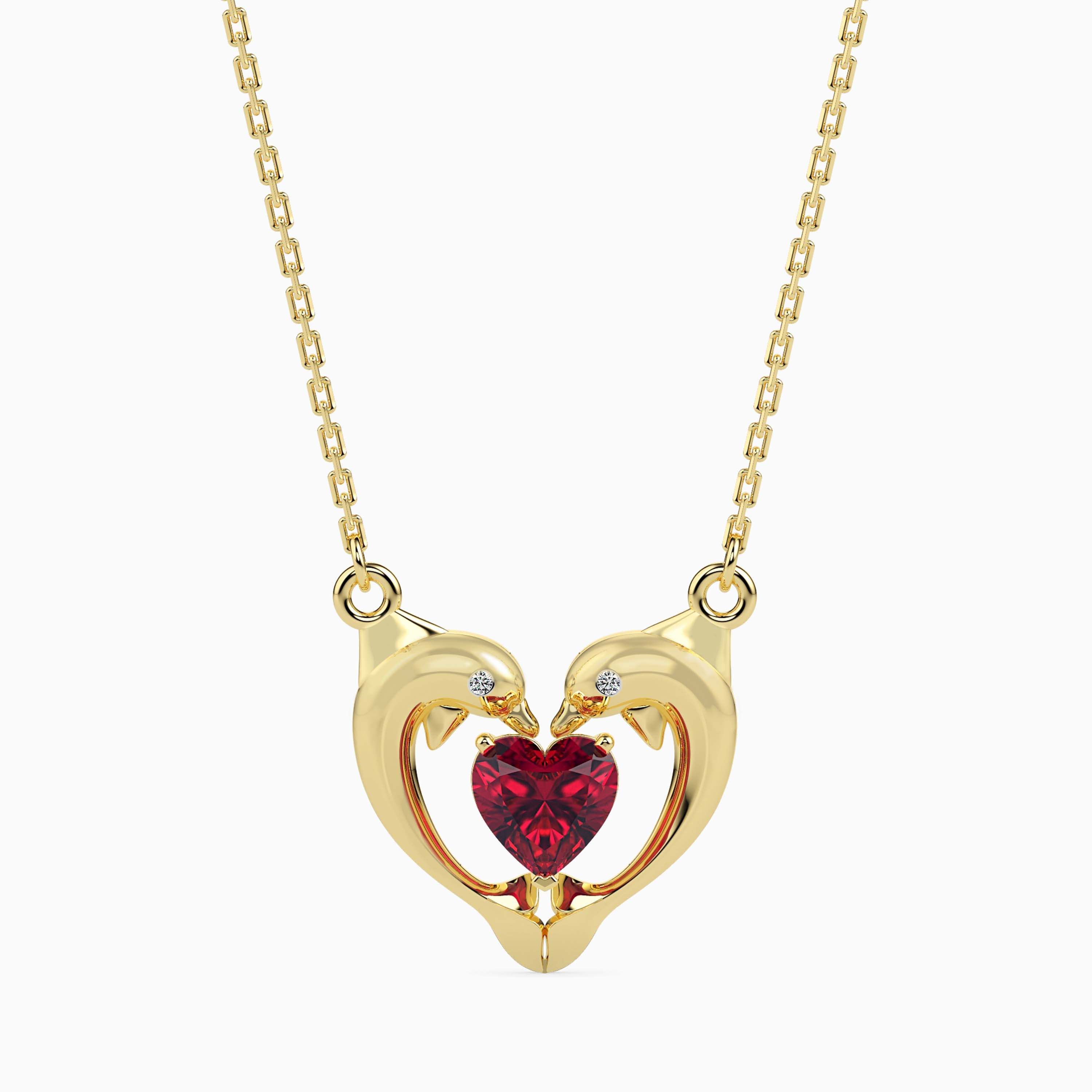 1.08Ct Dolphin Embrace Red Heart Lab-Grown Diamond Gold Pendant Necklace