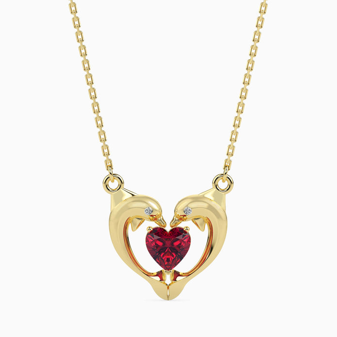 1.08Ct Dolphin Embrace Red Heart Lab-Grown Diamond Gold Pendant Necklace
