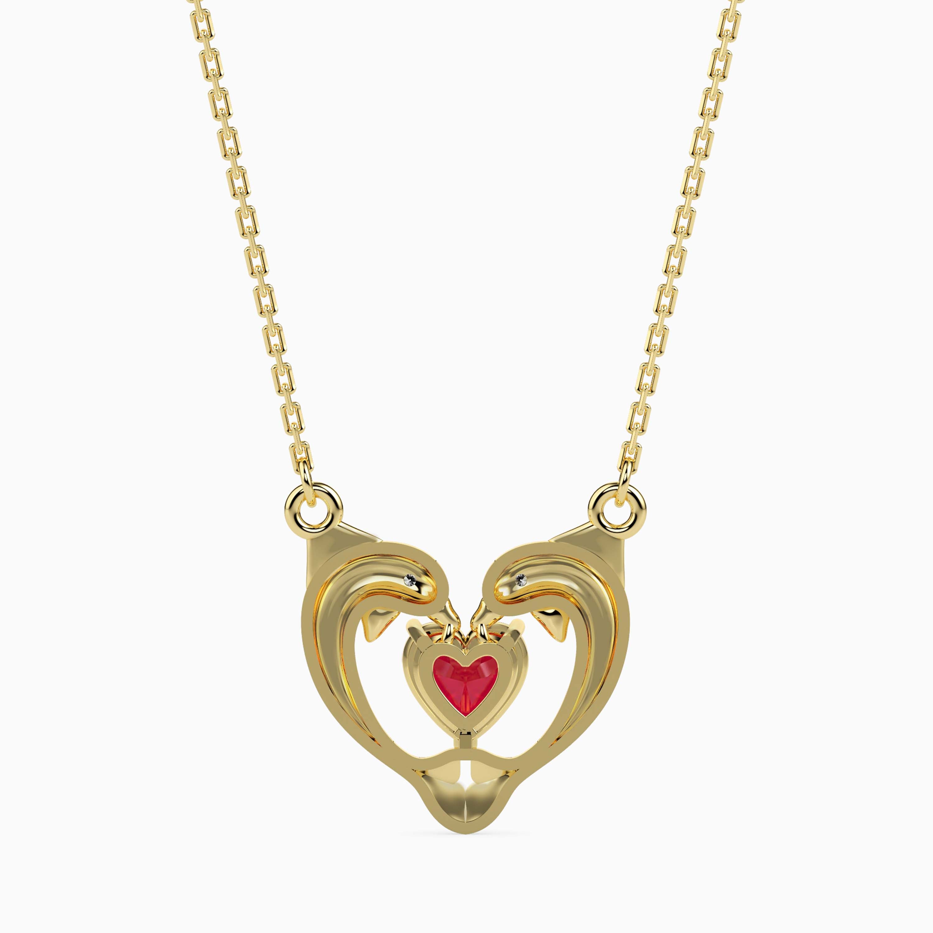 1.08Ct Dolphin Embrace Red Heart Lab-Grown Diamond Gold Pendant Necklace