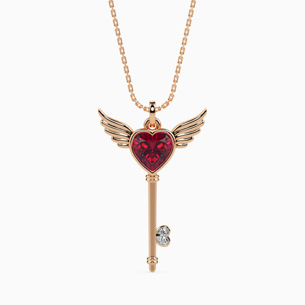 0.99Ct Winged Red Heart Key Lab-Grown Diamond Gold Pendant Necklace