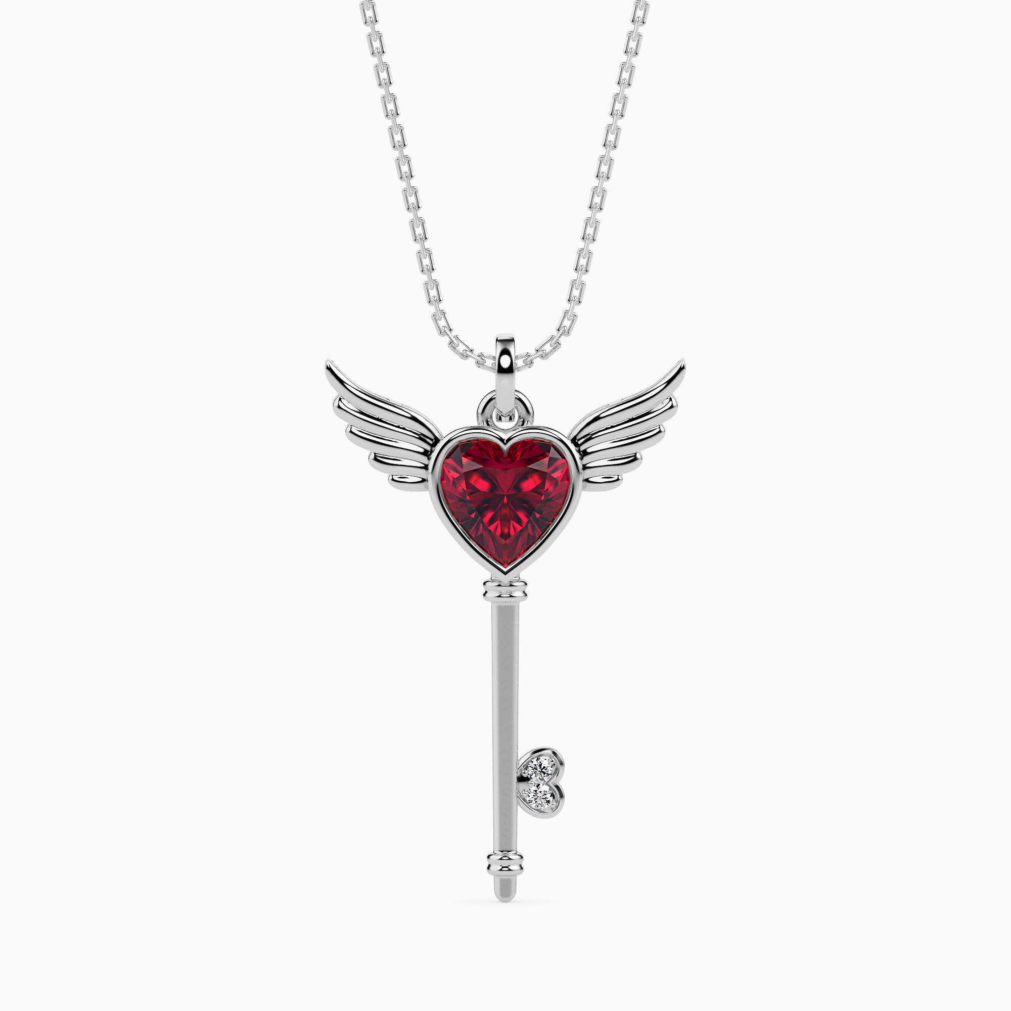 0.99Ct Winged Red Heart Key Lab-Grown Diamond Gold Pendant Necklace