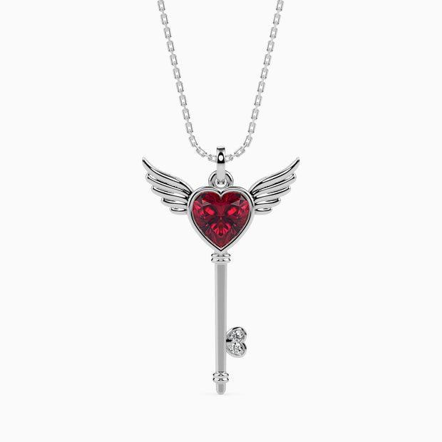 0.99Ct Winged Red Heart Key Lab-Grown Diamond Gold Pendant Necklace