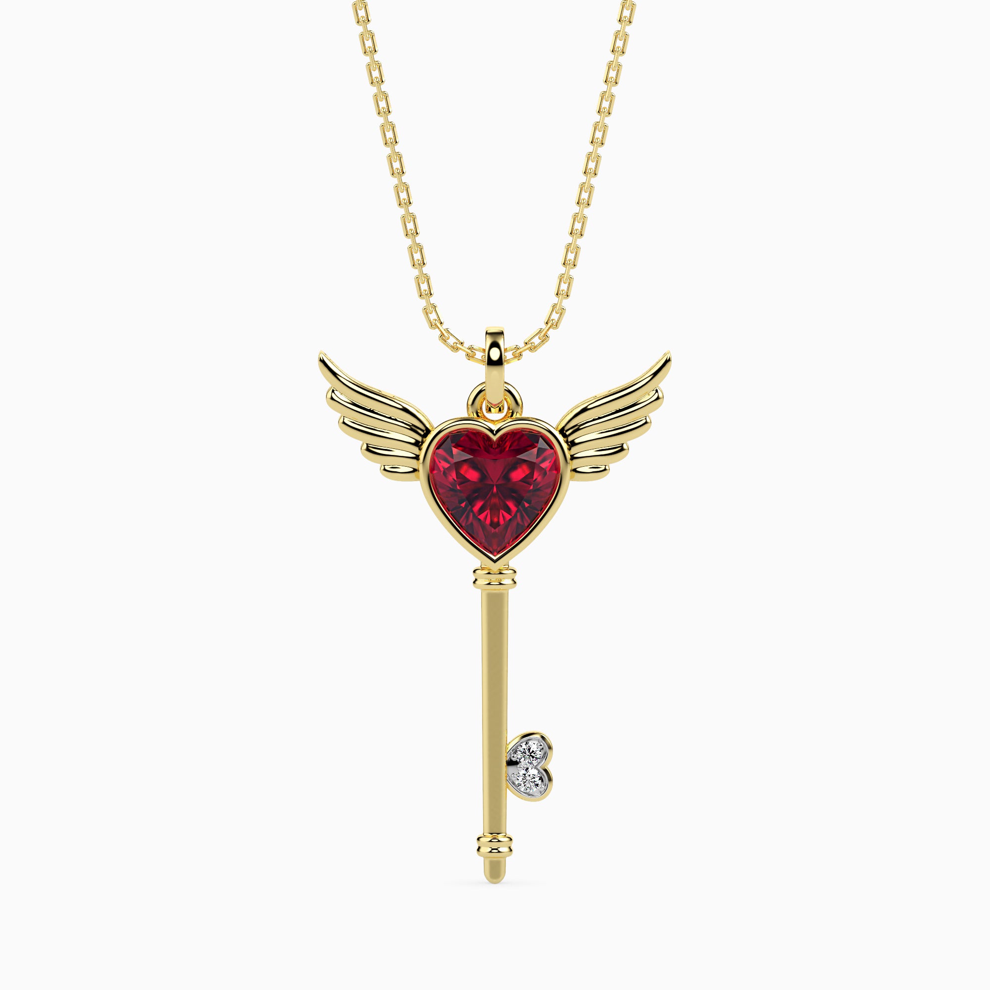0.99Ct Winged Red Heart Key Lab-Grown Diamond Gold Pendant Necklace