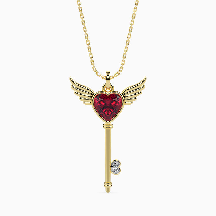 0.99Ct Winged Red Heart Key Lab-Grown Diamond Gold Pendant Necklace