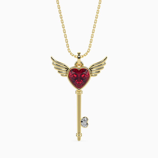 0.99Ct Winged Red Heart Key Lab-Grown Diamond Gold Pendant Necklace