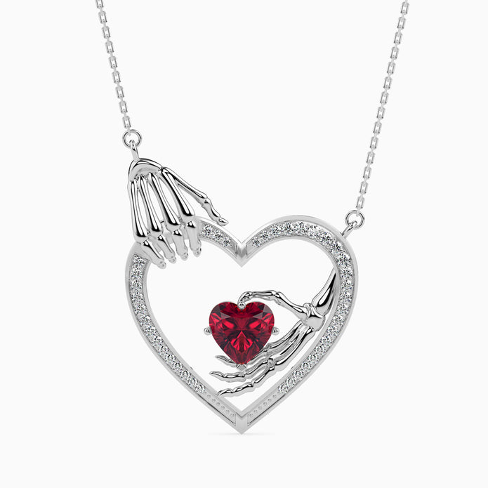 1.26Ct Skeleton Hands Red Heart Lab-Grown Diamond Gold Pendant Necklace