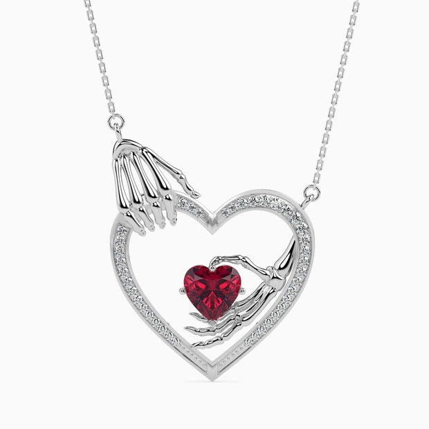 1.26Ct Skeleton Hands Red Heart Lab-Grown Diamond Gold Pendant Necklace