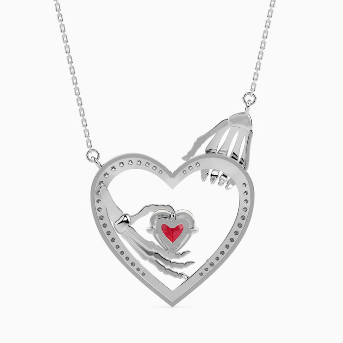 1.26Ct Skeleton Hands Red Heart Lab-Grown Diamond Gold Pendant Necklace