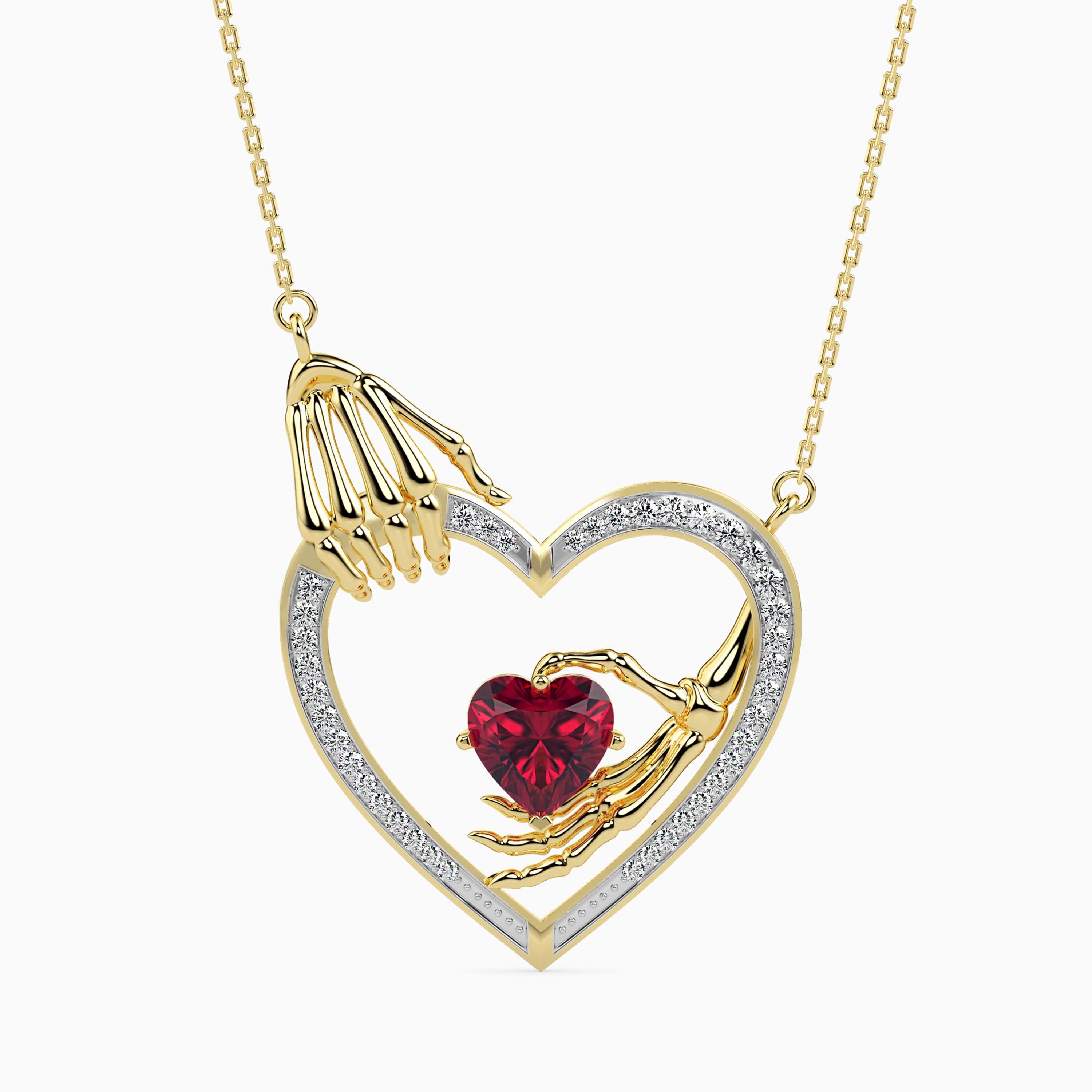 1.26Ct Skeleton Hands Red Heart Lab-Grown Diamond Gold Pendant Necklace