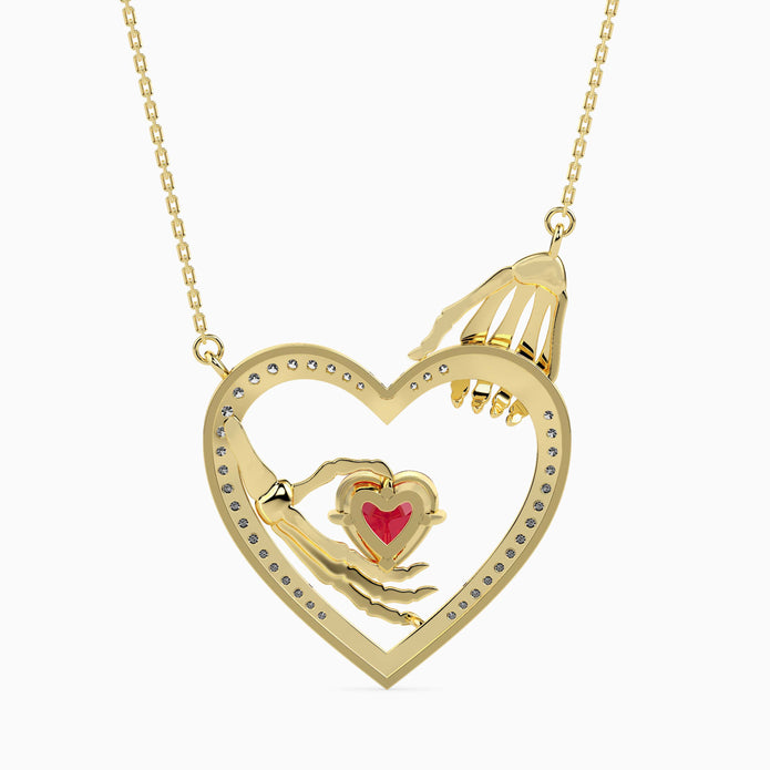 1.26Ct Skeleton Hands Red Heart Lab-Grown Diamond Gold Pendant Necklace