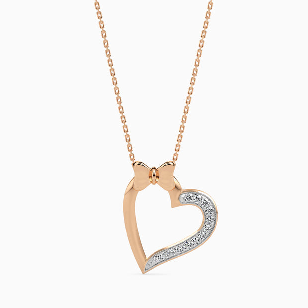 0.10Ct Bow Design Micro Pave Heart Lab-Grown Diamond Gold Pendant Necklace