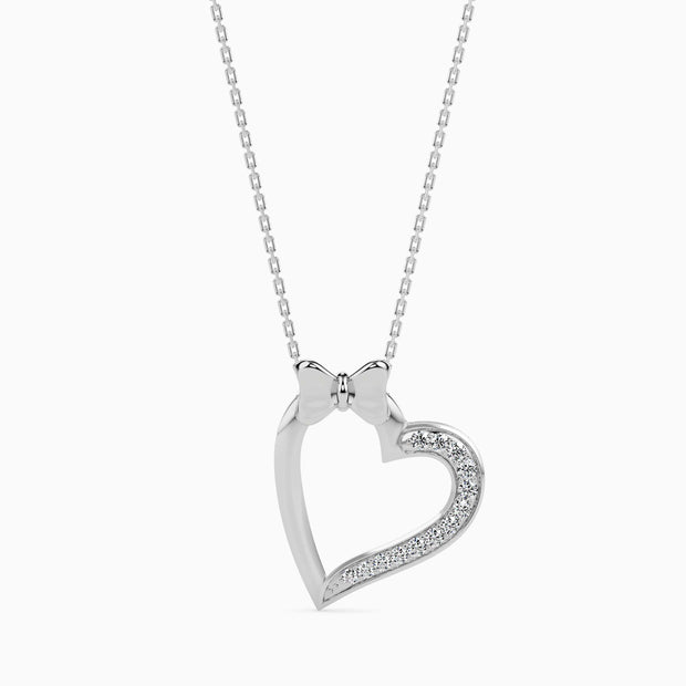 0.10Ct Bow Design Micro Pave Heart Lab-Grown Diamond Gold Pendant Necklace