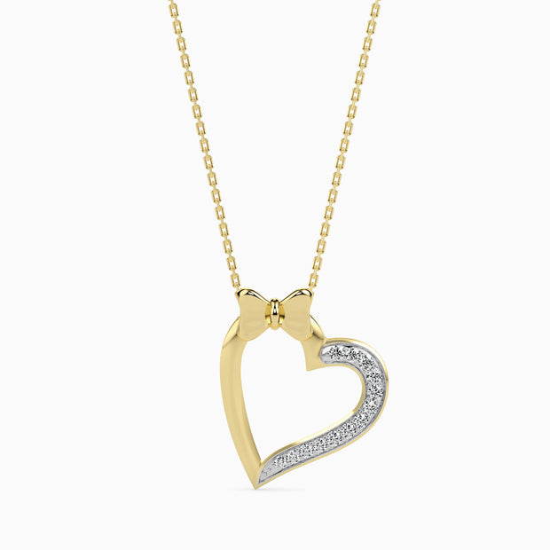 0.10Ct Bow Design Micro Pave Heart Lab-Grown Diamond Gold Pendant Necklace