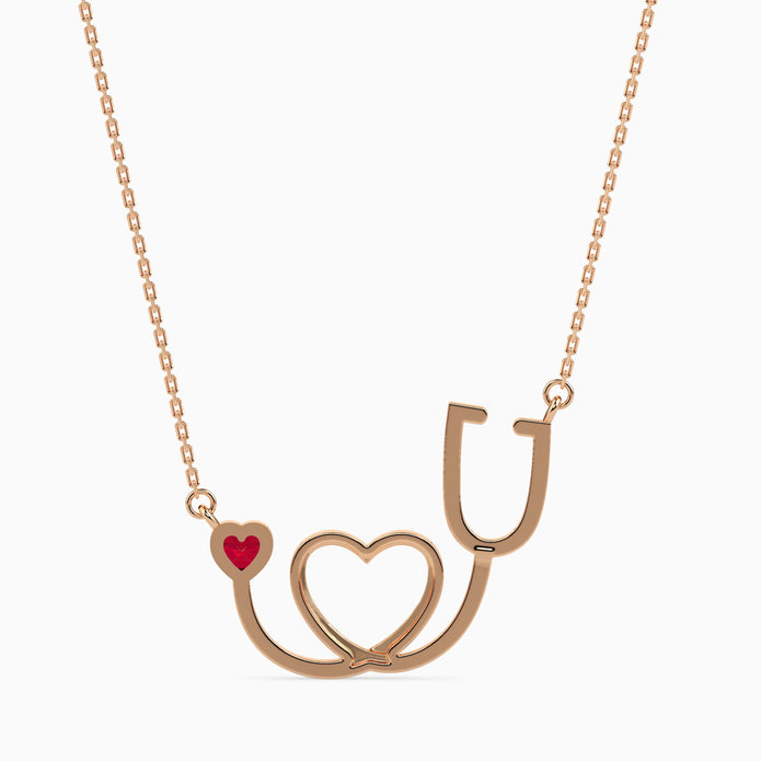0.10Ct Stethoscope Design Red Heart Lab-Grown Diamond Gold Pendant Necklace