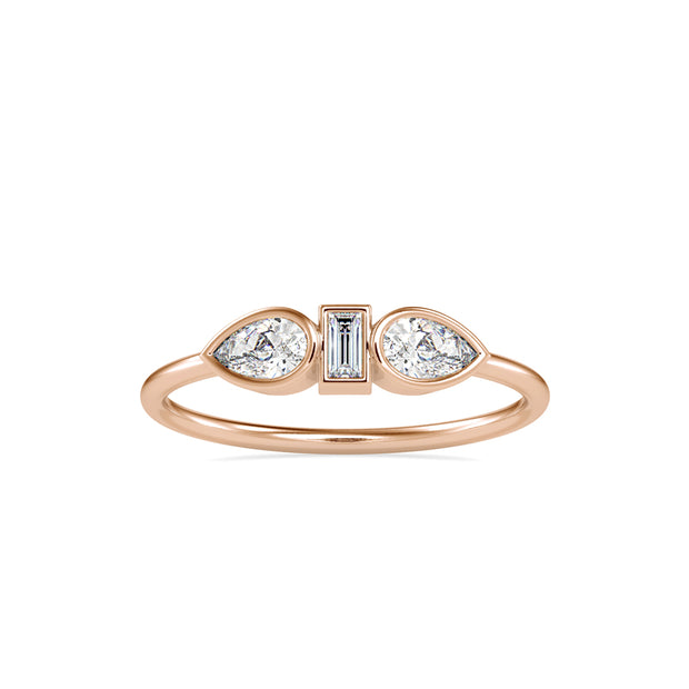 baguette bezel three stone diamond ring in rose gold