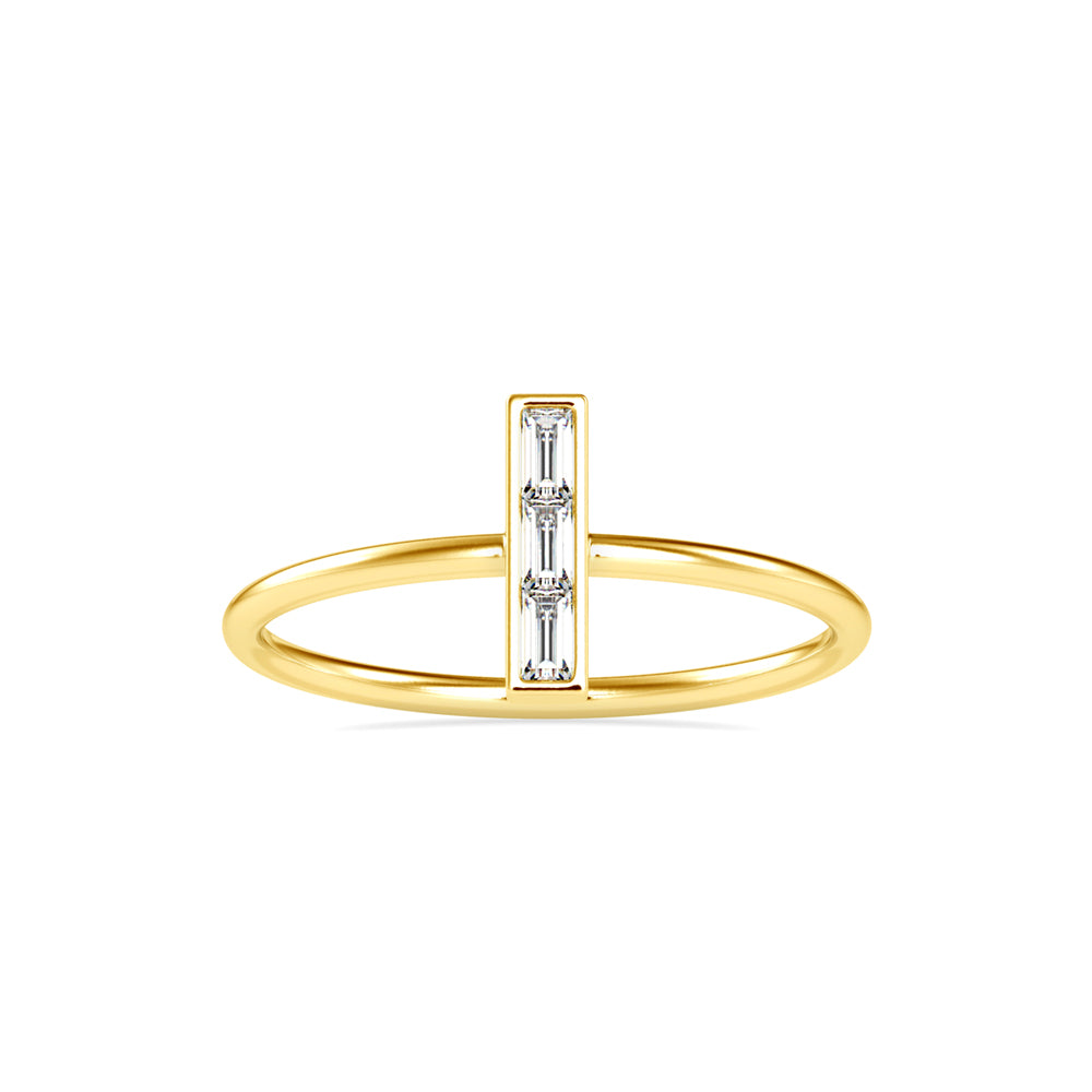 baguette cut three stone lab-grown diamond ring in yellow gold