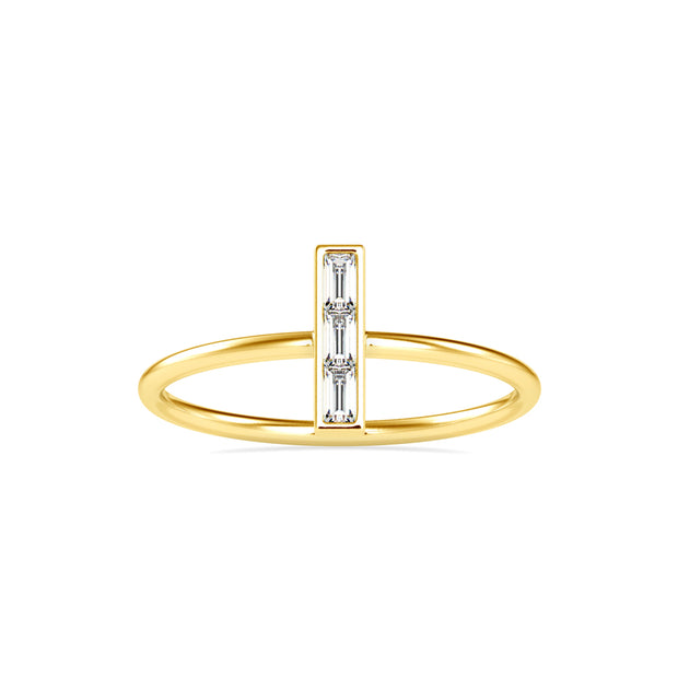 baguette cut three stone lab-grown diamond ring in yellow gold