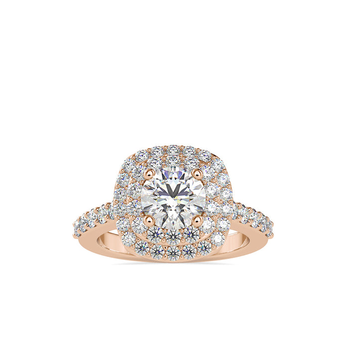 round cut double halo lab-grown diamond ring in rose gold