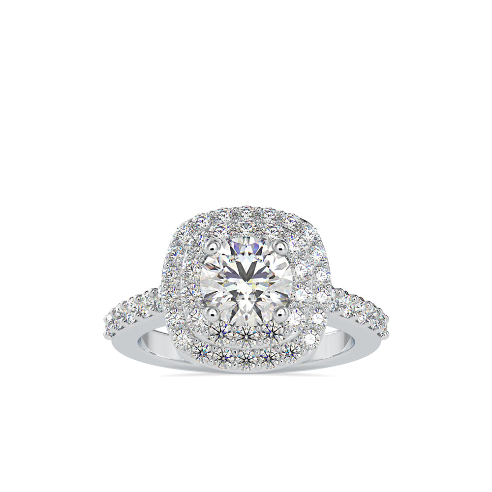round cut double halo lab-grown diamond ring in white gold