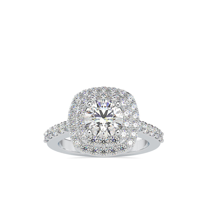 round cut double halo lab-grown diamond ring in white gold