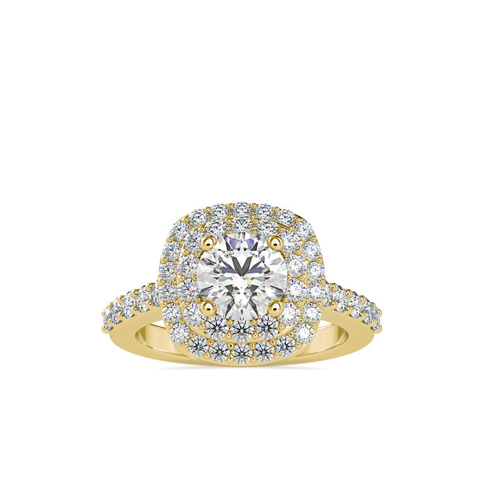 round cut double halo lab-grown diamond ring in yellow gold