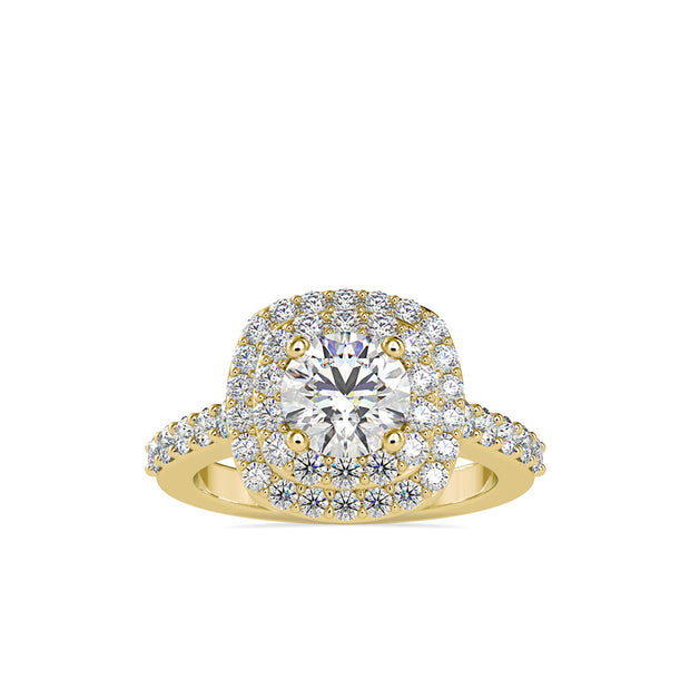 round cut double halo lab-grown diamond ring in yellow gold