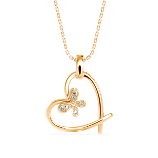 butterfly heart shape diamond necklace in yellow gold