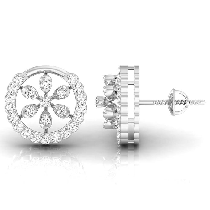 floral round diamond stud earrings in white gold