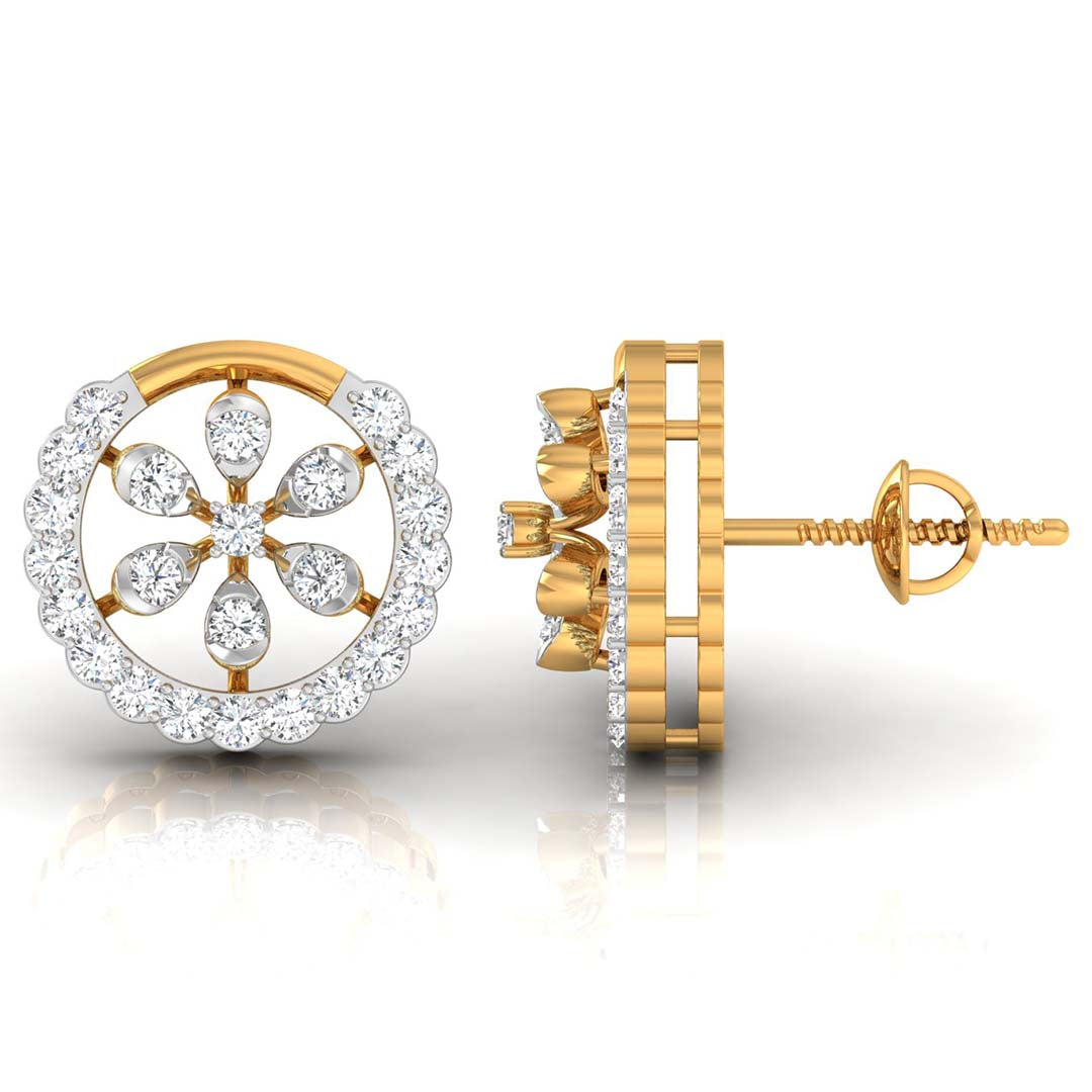 floral round diamond stud earrings in yellow gold