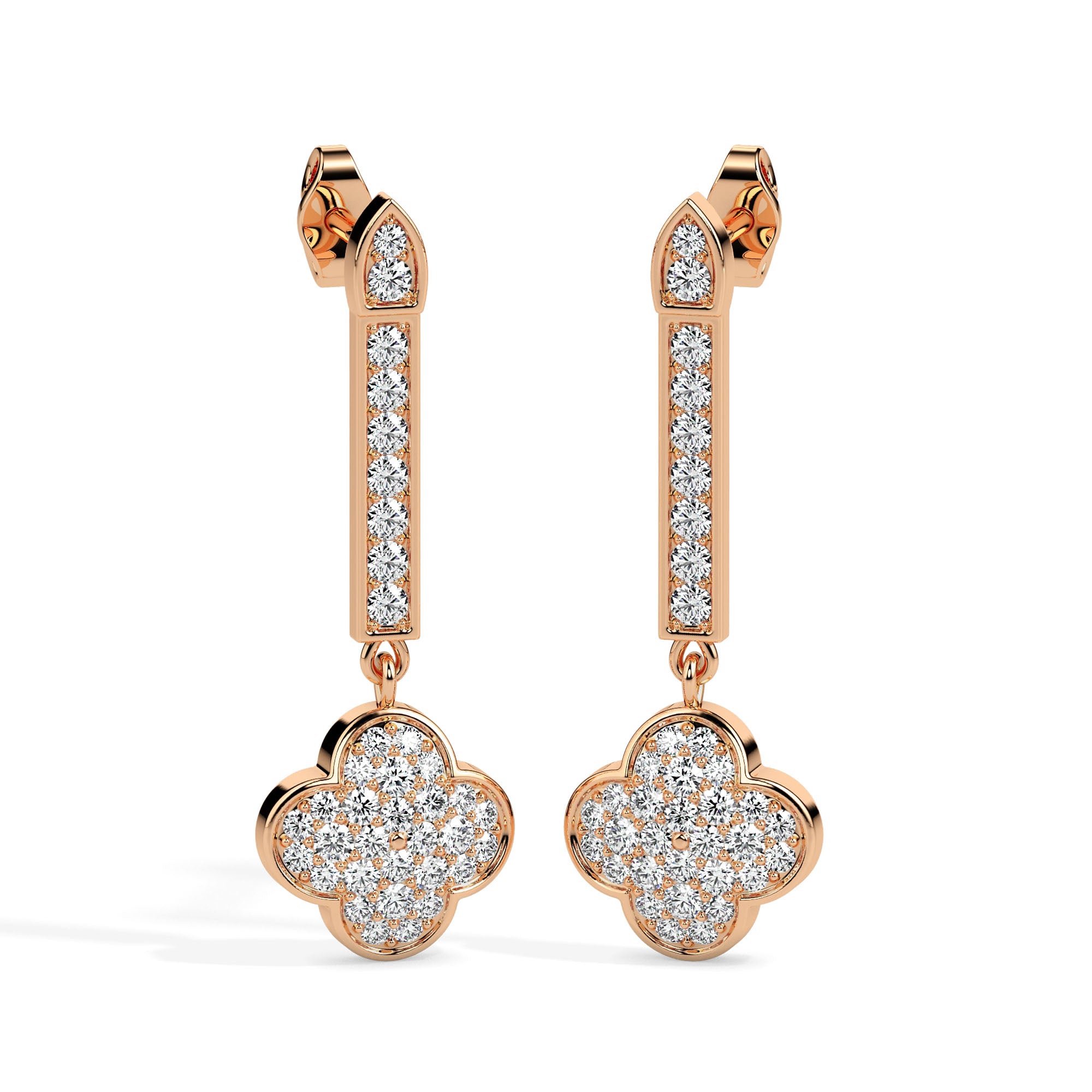 clover cluster diamond drop earrings in rose gold