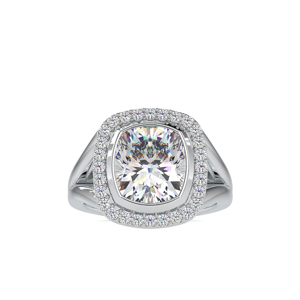 cushion bezel halo lab-grown diamond ring in white gold