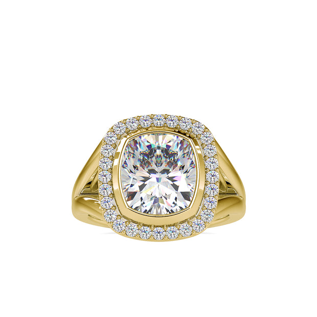 cushion bezel halo lab-grown diamond ring in yellow gold