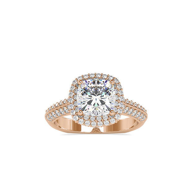 cushion cut double halo lab-grown diamond ring in rose gold
