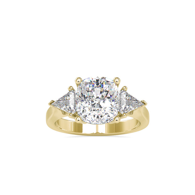 cushion three stone lab-grown diamond ring in yellow gold