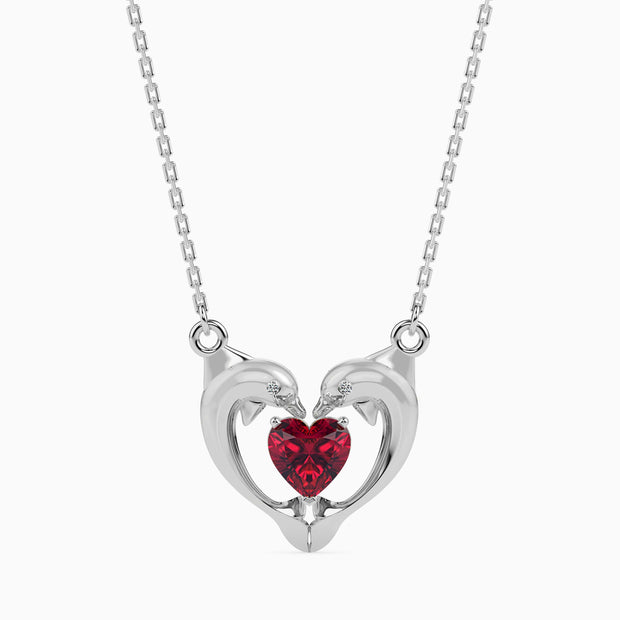 dolphin embrace red heart diamond necklace in white gold