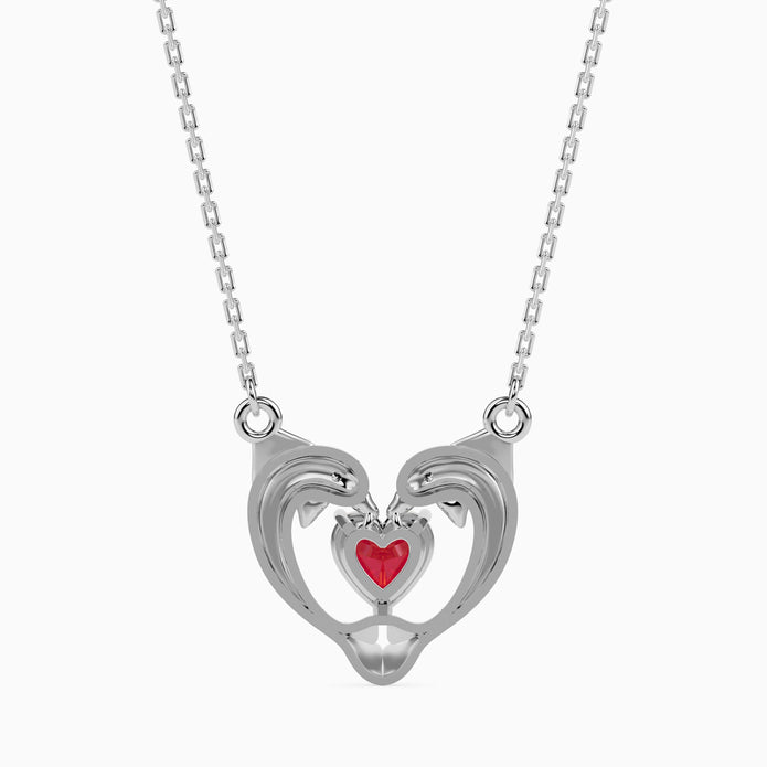 dolphin embrace red heart diamond necklace in white gold