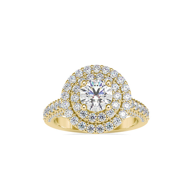 round cut double halo lab-grown diamond ring in yellow gold