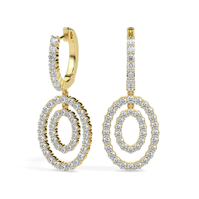 double oval halo diamond hoop earrings in yellow gold