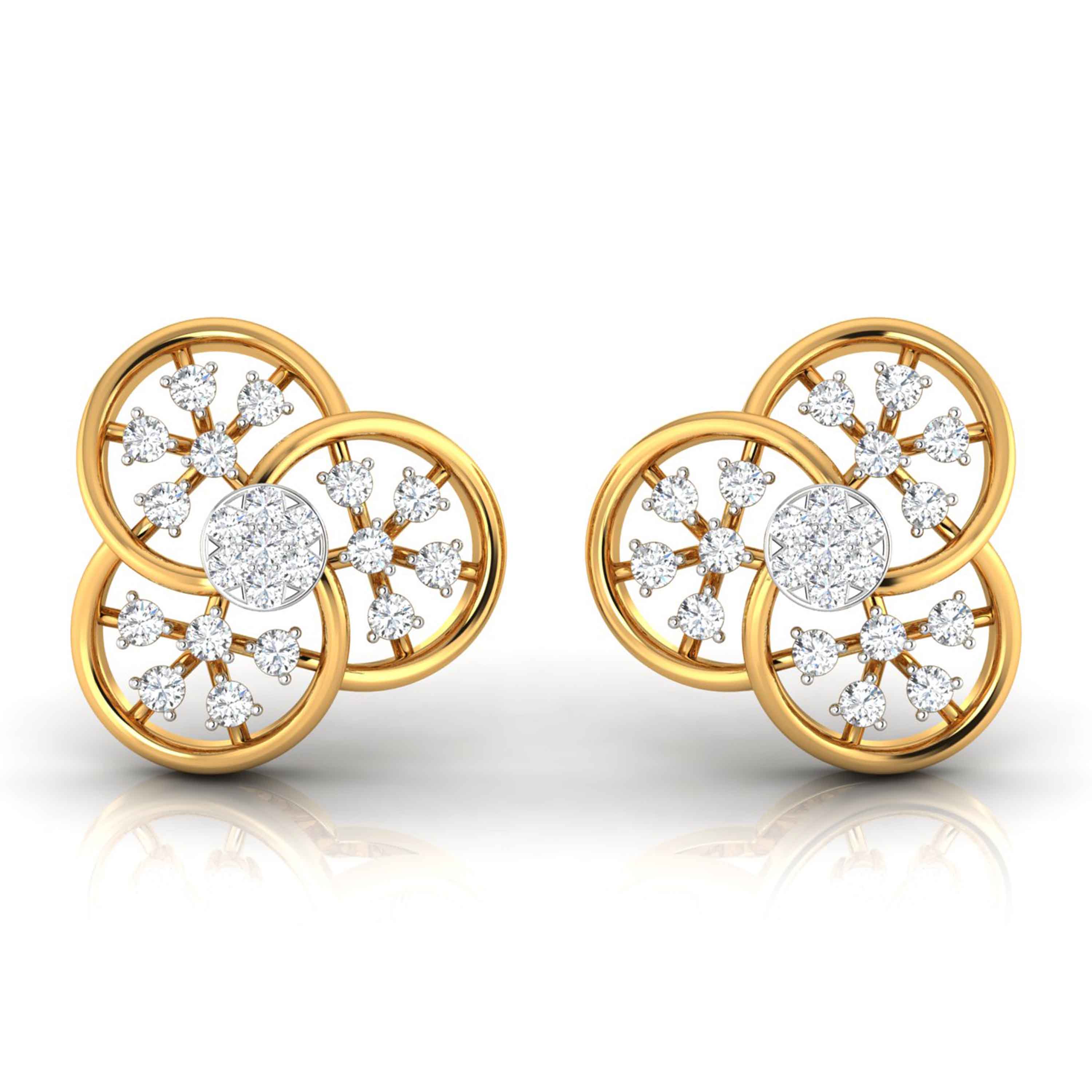 floral round diamond stud earrings in yellow gold