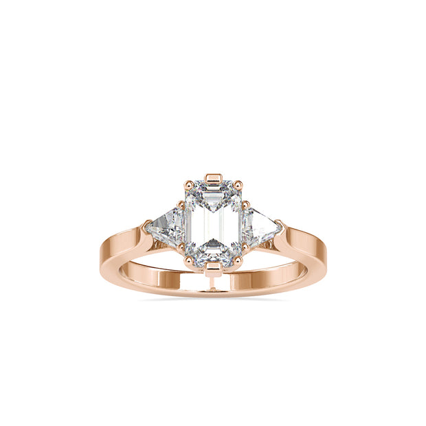 emerald cut three stone lab-grown diamond ring in rose gold