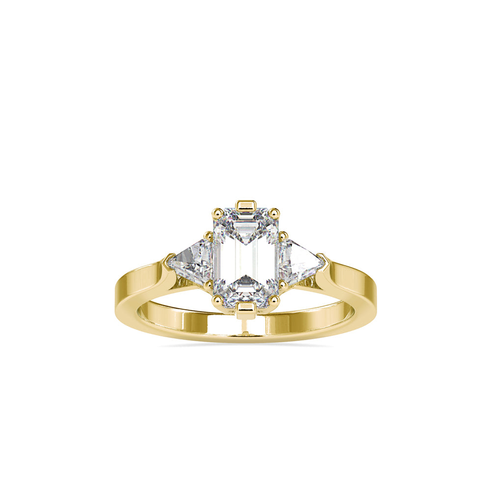 emerald cut three stone lab-grown diamond ring in yellow gold