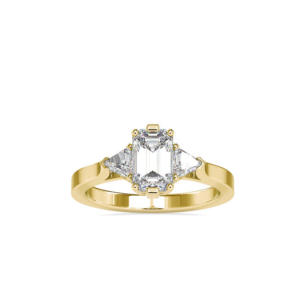 emerald cut three stone lab-grown diamond ring in yellow gold